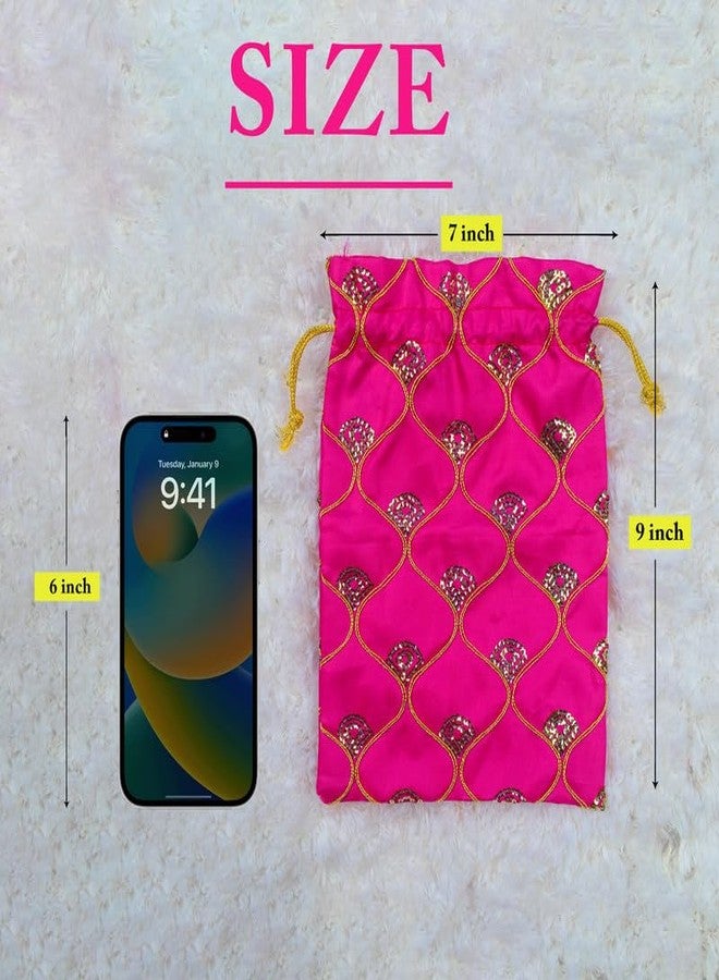 Dulhan DLC Set of 5 Medium Size Silk Fabric JHAROKHA Potli Bags for Return Gifts with embroidered Heavy Sequin Work, Pink ethnic potli jewelry bag for Women Handbag 7 x 9 inches By Dulhan - Image 2